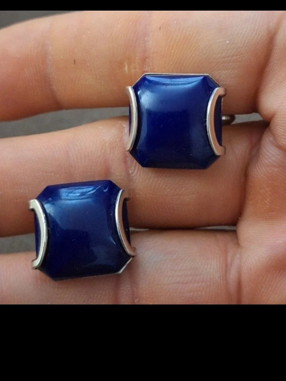 Exquisite Rare HTF Vintage Mid Century Silver Frame Swank Blue Glass Cufflinks